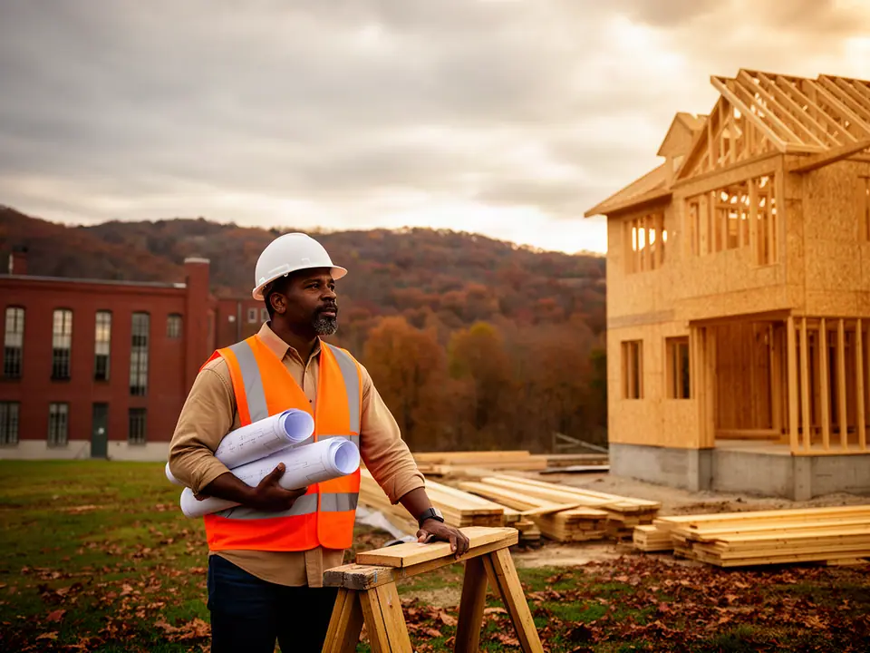 Builder with rolled plans beside new framing near red-brick mill buildings in autumn